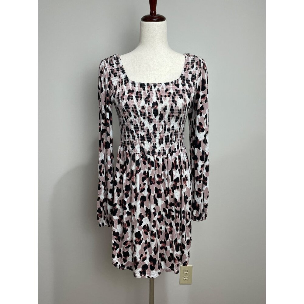 True Craft Animal Print Babydoll Dress Womens M Mauve Ballon Sleeve